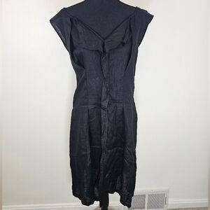 Ark Co Linen Blend Black Ruffled Pleated V Neck Midi Side Zip Dress